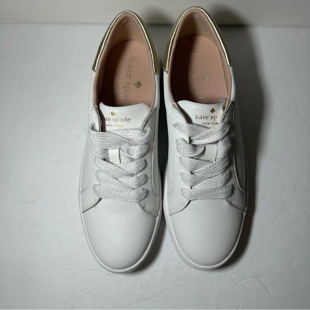 NEW Kate Spade Womens Alanna Sneaker Trainer White Gold Casual Everyday 6.5 NWOB